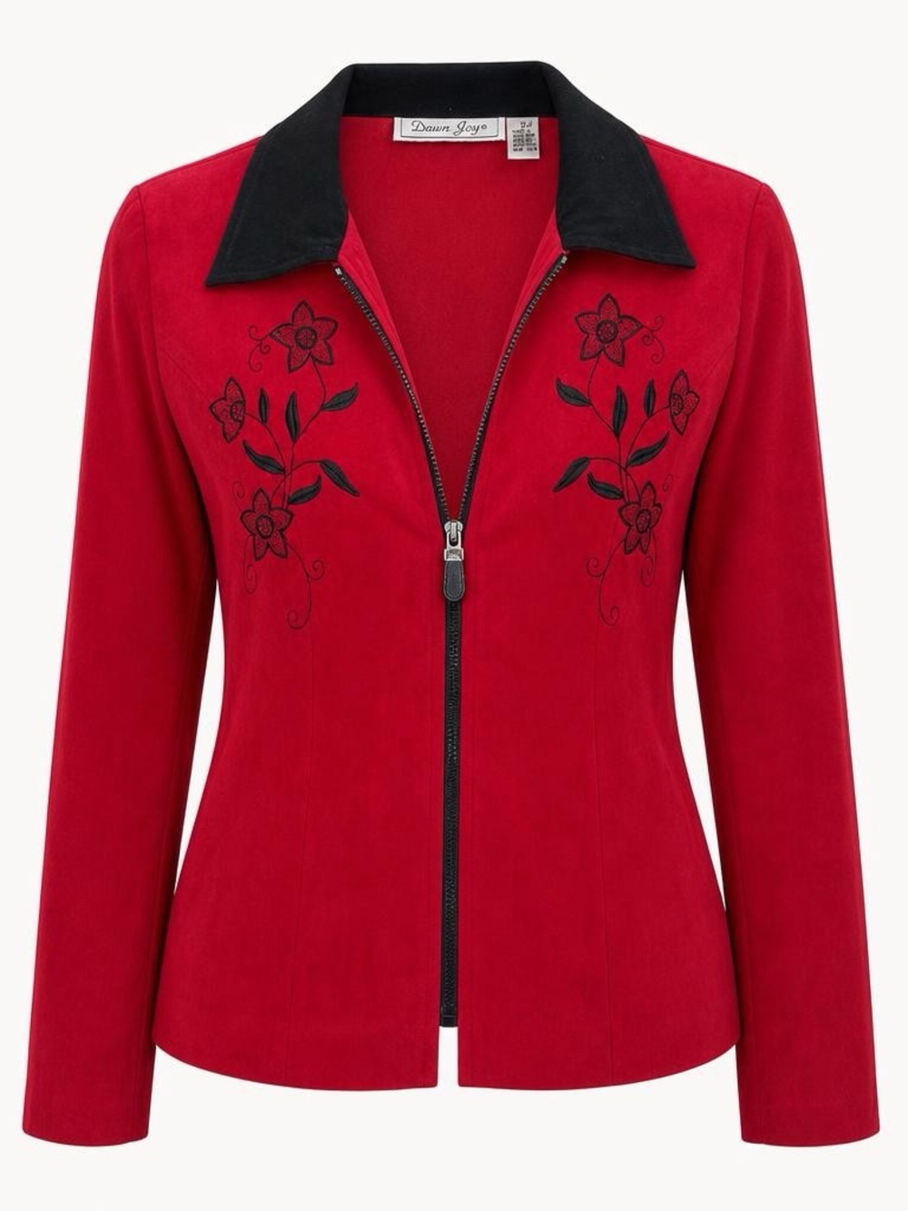 Dawn Joy Embroidered Floral Zip Jacket Red Polyester Stretch Blazer Size 6/8 Med